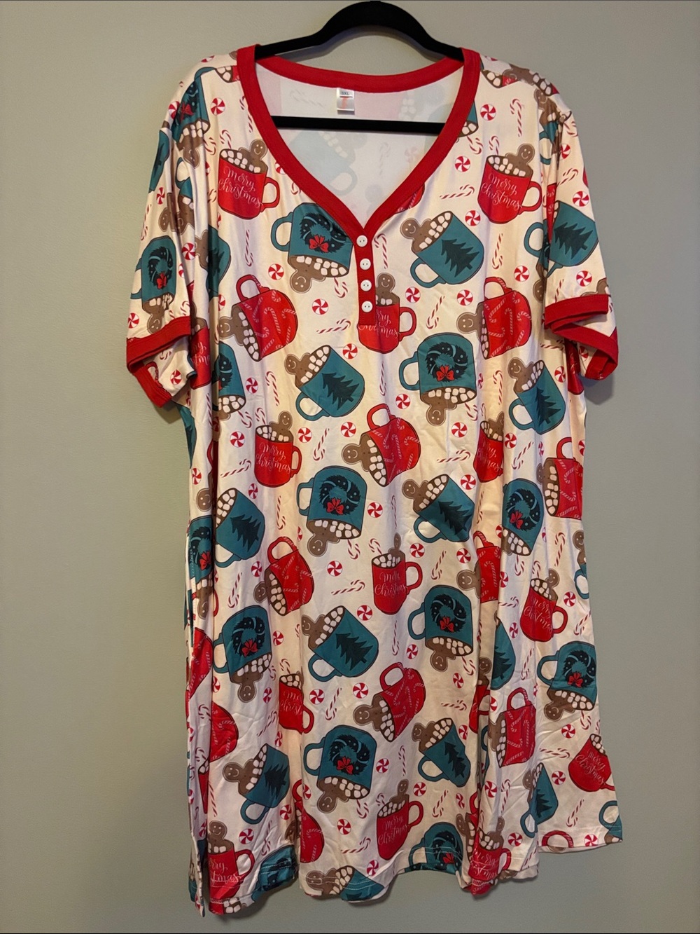 Women's Holiday Mug-Print Nightgown Pajama - Red & Teal NWOT